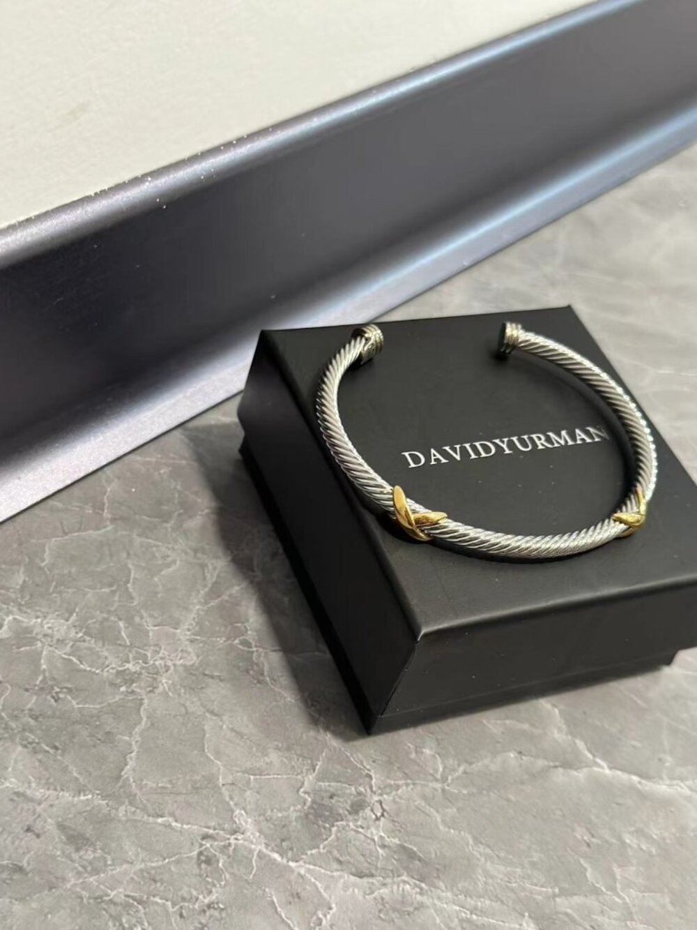 David Yurman Bracelet Silver & 14K Yellow Gold Double X Bangle 5 mm Cable Cuff